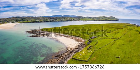 Aerial view of Inishkeel Island by Portnoo next to the the awarded Narin Beach in County Donegal, Ireland - Monk building remains. Stok fotoğraf © 
