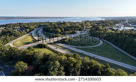 Aerial view of an interchange on Interstate 495 highway at Claymont next to Delaware River near Wilmington, Delaware