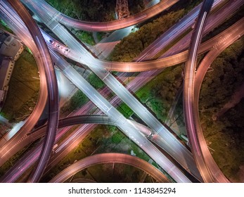 Aerial View Of Interchange - Transport Concept Image. Long Exposure Birds Eye View Use The Drone, Shot In Zhubei City, Hsinchu, Taiwan.