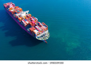 Aerial view of International Containers Cargo ship in the blue ocean, Freight Transportation, Shipping, Nautical Vessel. Logistics import export, OverseaTransport business.