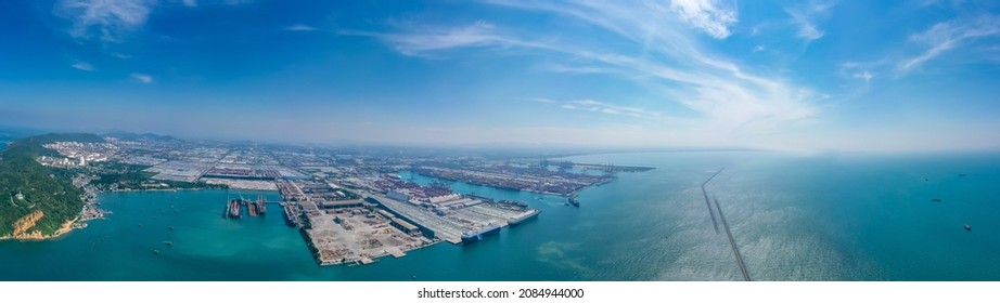 Aerial view of International Containers Cargo ship in ocean, Freight Transportation,Shipping,Nautical Vessel. Logistics import export Container Cargo shipyard. OverseaTransport business. 