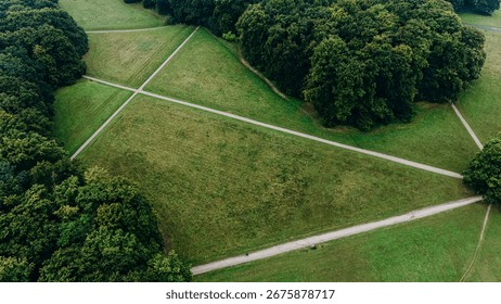 Aerial view of intersecting walking paths cutting across a large grassy field, bordered by dense green forest, creating a natural geometric pattern in the landscape.