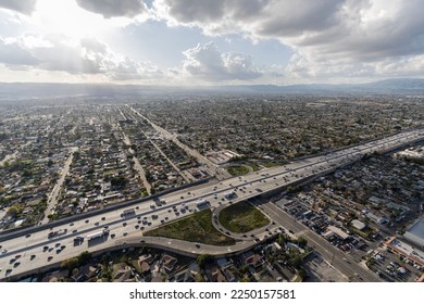 Aerial view of Interstate 5 freeway at Osbourne Street in the Arleta neighborhood of the San Fernando Valley in Los Angeles California.