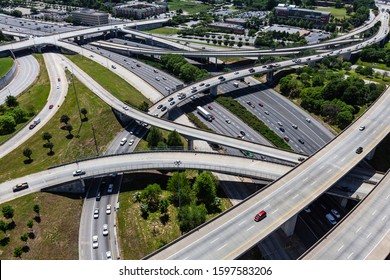 Aerial view of Interstate 85 and Interstate 20 interchange ramps and bridges in Atlanta Georgia.  
