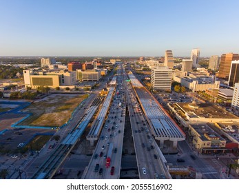 Aerial view of Interstate Highway 4 I-4 in Downtown Orlando with Central Business District skyline at sunset, city of Orlando, Florida FL, USA. 