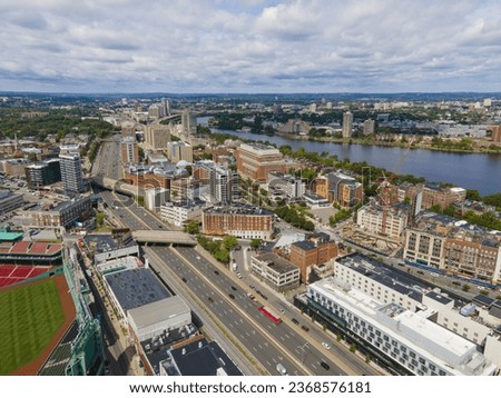 Aerial view of Interstate Highway 90 and Boston University on Commonwealth Avenue with Cambridge across Charles River at the background in Fenway-Kenmore district in Boston, Massachusetts MA, USA.  