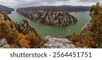 Aerial view of the  Iron Gates gorge of Danube river between Serbia and Romania. View from Derdap National Park.