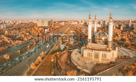Aerial view of islamic mosque near a busy highway in Ufa. Sights and popular cities of Russia.
