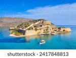 Aerial view of the island of Spinalonga, gulf of Elounda, Crete, Greece.