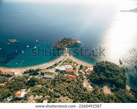 Aerial view to the island of Sveti Stefan in Kotor Bay. Montenegro