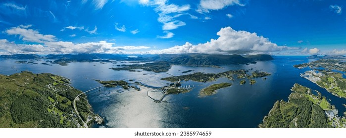 Aerial view of Islands attached by bridges in the Fjords of Norway - Stokksund-Blikkvågane - Runde - Remøya - Leinoya - Powered by Shutterstock