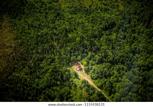 Aerial View Isolated House Forest Path Stock Photo 1155938131 