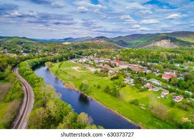 Aerial View Of The James River And Mountain Landscape Surrounding Buchanan, Virginia.