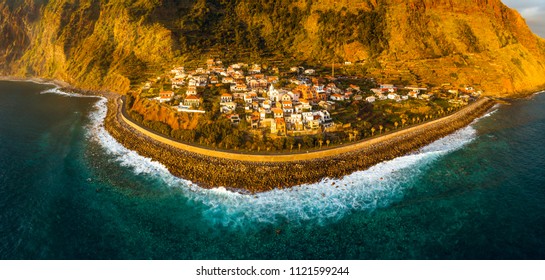 Aerial View Of Jardim Do Mar, Surfing Spot In Madeira Island, Portugal
