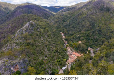 Aerial View Of The Jenolan Caves Village And Bushfire Forest Regeneration In The Central Tablelands In Regional New South Wales In Australia