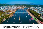 Aerial view of Jinju Namgang Yudeung Festival in Jinju city, South korea. Scenery has many lanterns are floating in the river.