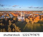 Aerial view of Joensuu Church, Finland. View of a church in the beautiful autumn Finnish city