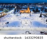 Aerial view of Joensuu City Hall. Evening cityscape in winter