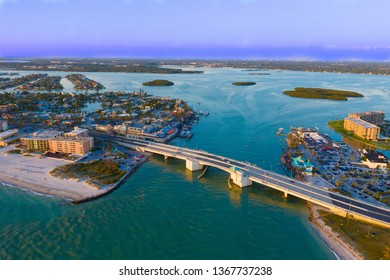 Aerial View of Johns Pass Village and Boardwalk at Madeira Beach, Florida.