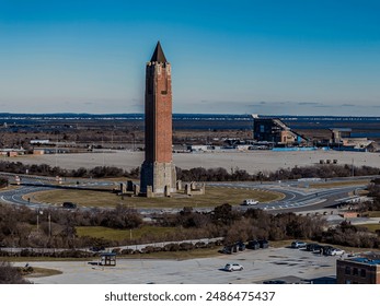 An aerial view of the Jones Beach water tower on a sunny day in winter on Long Island, New York. The beach is empty. - Powered by Shutterstock