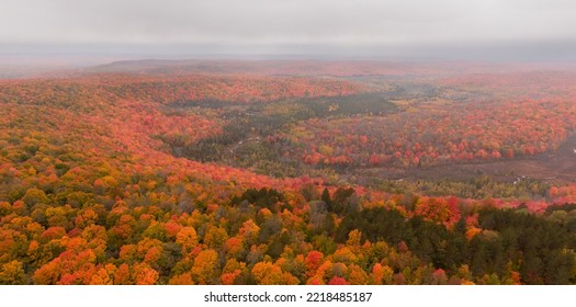 Aerial view of the Jordan Valley River from Dead Man's Hill on a cloudy autumn day with vibrant foliage colors. South. - Shutterstock ID 2218485187