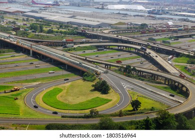 Aerial View At Junctions Of City Highway Vehicles Drive On Roads Newark NJ US