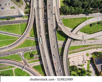 Aerial View At Junctions Of City Highway. Vehicles Drive On Roads. Russia