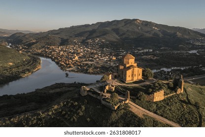 Aerial view of Jvari Monastery and Mtskheta at the confluence of rivers in Georgia