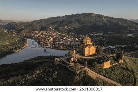 Aerial view of Jvari Monastery and Mtskheta at the confluence of rivers in Georgia