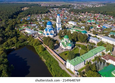 Aerial view of Kaluga Monastery Uspenskaya Tikhonova Pustyn on sunny summer day. Leo Tolstoy village, Kaluga Oblast, Russia.