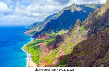 Aerial view of Kauai's rugged, remote Na Pali Coast, located on the western side of Kauai, Hawaii, accessible only by air or by sea