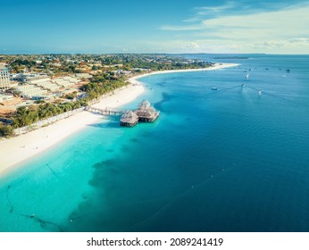 Aerial View Of Kendwa Beach In Zanzibar, Tanzania With Luxury Resort And Turquoise Ocean Water. Toned Image.