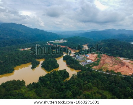 Aerial view of Kenyir lake in Terengganu, Malaysia. Kenyir lake is the largest man make lake in Asia