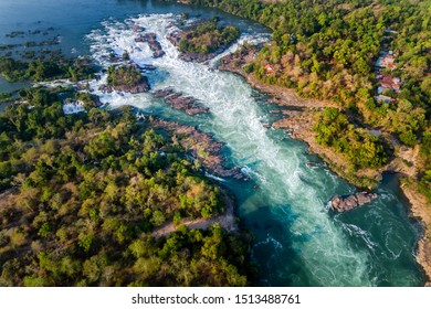 Aerial view of The Khone Falls and Pha Pheng Falls, waterfalls the 