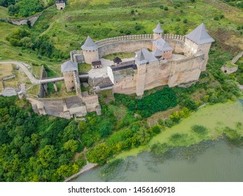 Aerial View Of Khotyn Medieval Castle On The Green Hill Above The River.