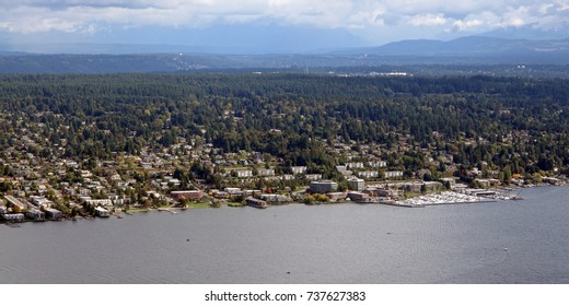 aerial view of Kirkland from over Lake Washington, Seattle, Washington, USA