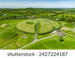 Aerial view of Knowth, the largest and most remarkable ancient monument in Ireland. Spectacular prehistoric passage tombs, part of the World Heritage Site of Bru na Boinne, valley of the River Boyne.