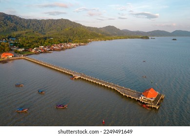 Aerial view of Ko Lanta Old Town pier on sunny evening. Krabi Province, Thailand.