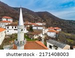 Aerial view of Kotani, a Muslim village in the prefecture of Xanthi in Greece near the Greek-Bulgarian border. The houses of the settlement are very old (maybe 300 years old)