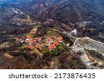 Aerial view of Kotani, a Muslim village in the prefecture of Xanthi in Greece near the Greek-Bulgarian border. The houses of the settlement are very old (maybe 300 years old)