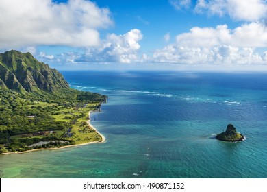Aerial view of Kualoa Point and Chinamans Hat at Kaneohe Bay, Oahu, Hawaii, USA