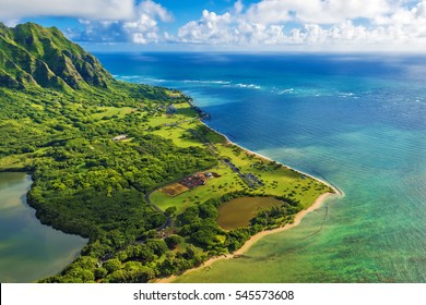 Aerial view of Kualoa Point at Kaneohe Bay, Hawaii, Oahu, Hawaii, USA