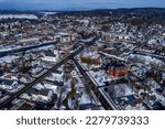 Aerial view of Laconia, New Hampshire in winter