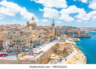 Aerial view Lady Mount Carmel church  St Paul's Cathedral in Valletta embankment city center  Malta