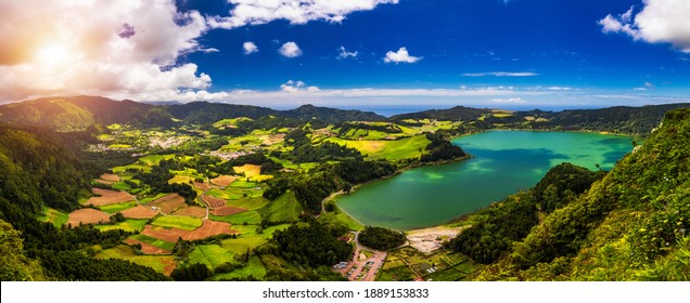 Aerial view of Lagoa das Furnas located on the Azorean island of Sao Miguel, Azores, Portugal. Lake Furnas (Lagoa das Furnas) on Sao Miguel, Azores, Portugal from the Pico do Ferro scenic viewpoint.