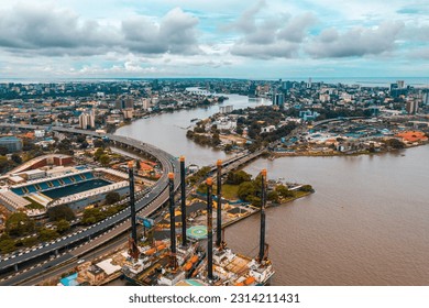 An aerial view of Lagos city waterside roads and buildings