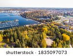 Aerial view to Lahti city and harbor at autumn morning, Finland