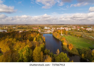 Aerial view of the lake against the temple on the background, Bagrationovsk, Russia, autumn time - Shutterstock ID 737067913