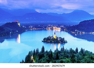 Aerial View Of Lake Bled, Slovenia In The Night