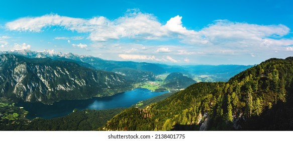 Aerial view of Lake Bohinj in Slovenia in summer seen from mount Vogel, stitched panorama landscape in high resolution